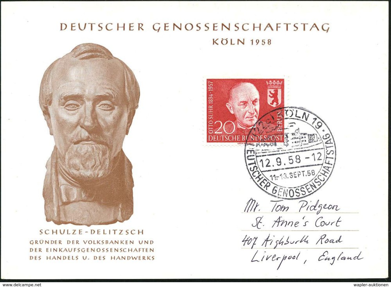 GENOSSENSCHAFTS-BEWEGUNG / RAIFFEISEN : (22c) KÖLN 19/ DEUTSCHER GENOSSENSCHAFTSTAG 1958 (12.9.) SSt = Raiffeisenhaus Au - Autres & Non Classés