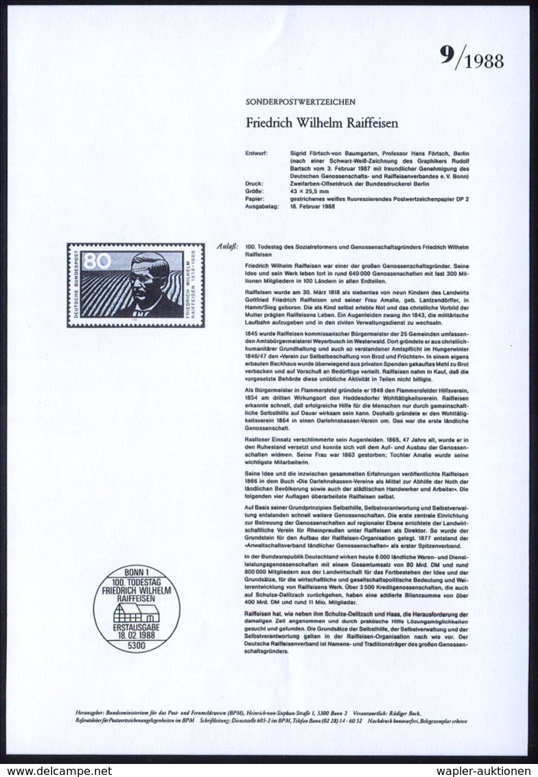 GENOSSENSCHAFTS-BEWEGUNG / RAIFFEISEN : B.R.D. 1988 (Feb.) 80 Pf. "100.Todestag F. W.  Raiffeisen" Mit Amtl. Handstempel - Autres & Non Classés