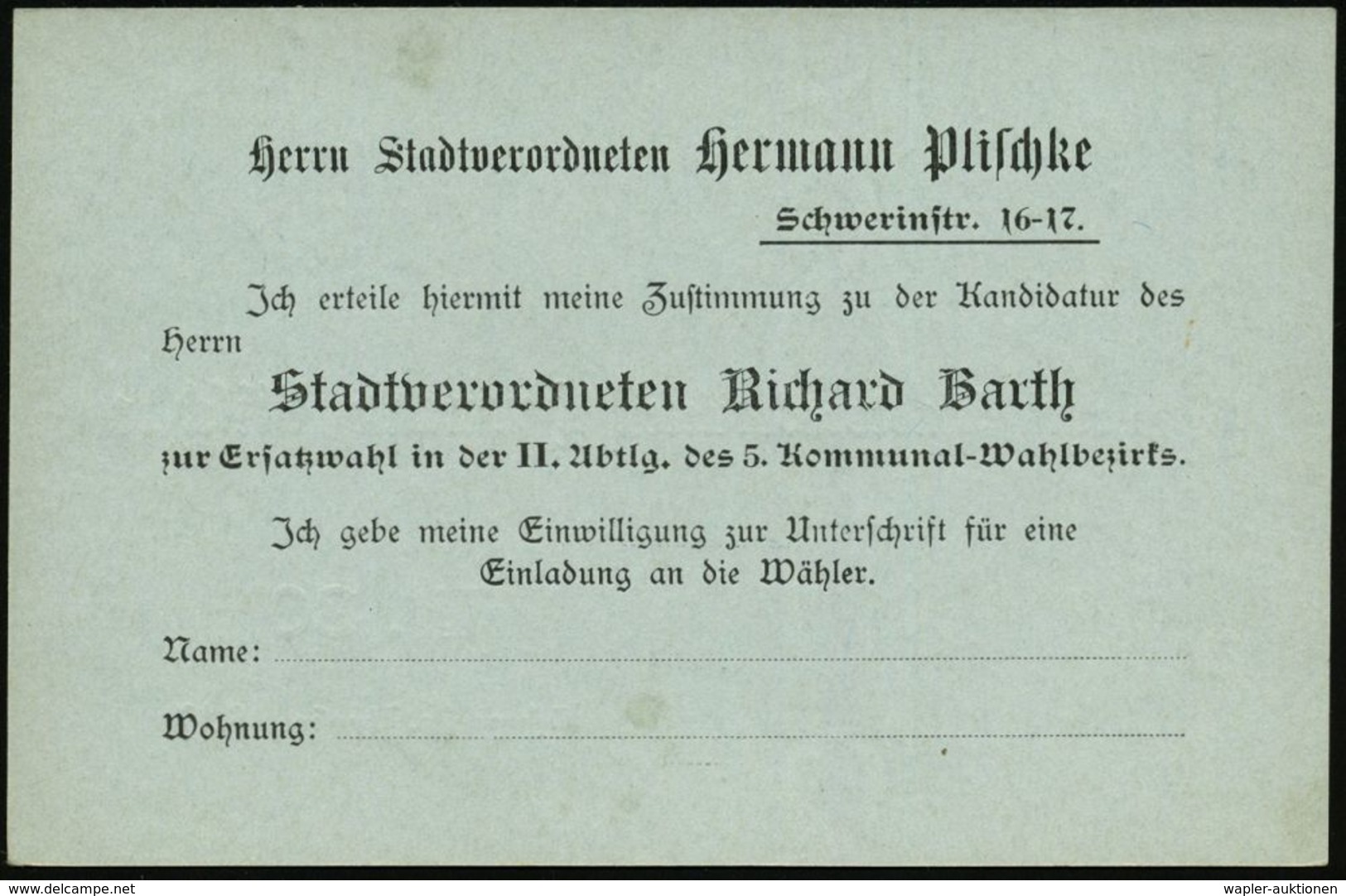 DEUTSCHE GESCHICHTE 1871 - 1914 : Berlin W.30 1902 Orts-P 2 Pf.Germania + Zweiseitiger Zudruck: Stadtverordneter H.Plisc - Sonstige & Ohne Zuordnung