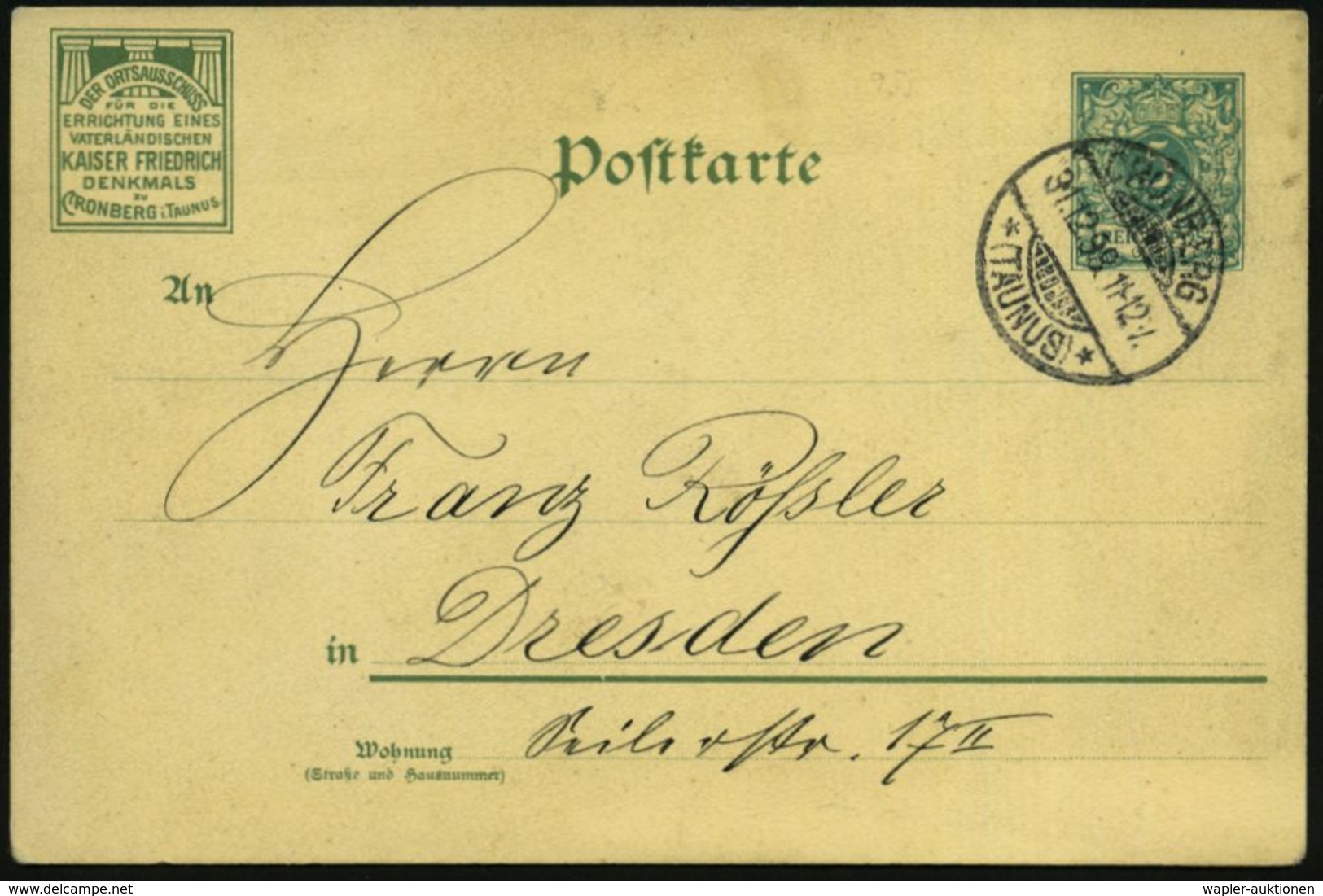 DEUTSCHE GESCHICHTE 1871 - 1914 : Kronberg/ Ts. 1898 (31.12.) Seltene 5 Pf. PP Krone/Ziffer, Grün: Kaiser-Friedr.-Denkma - Sonstige & Ohne Zuordnung