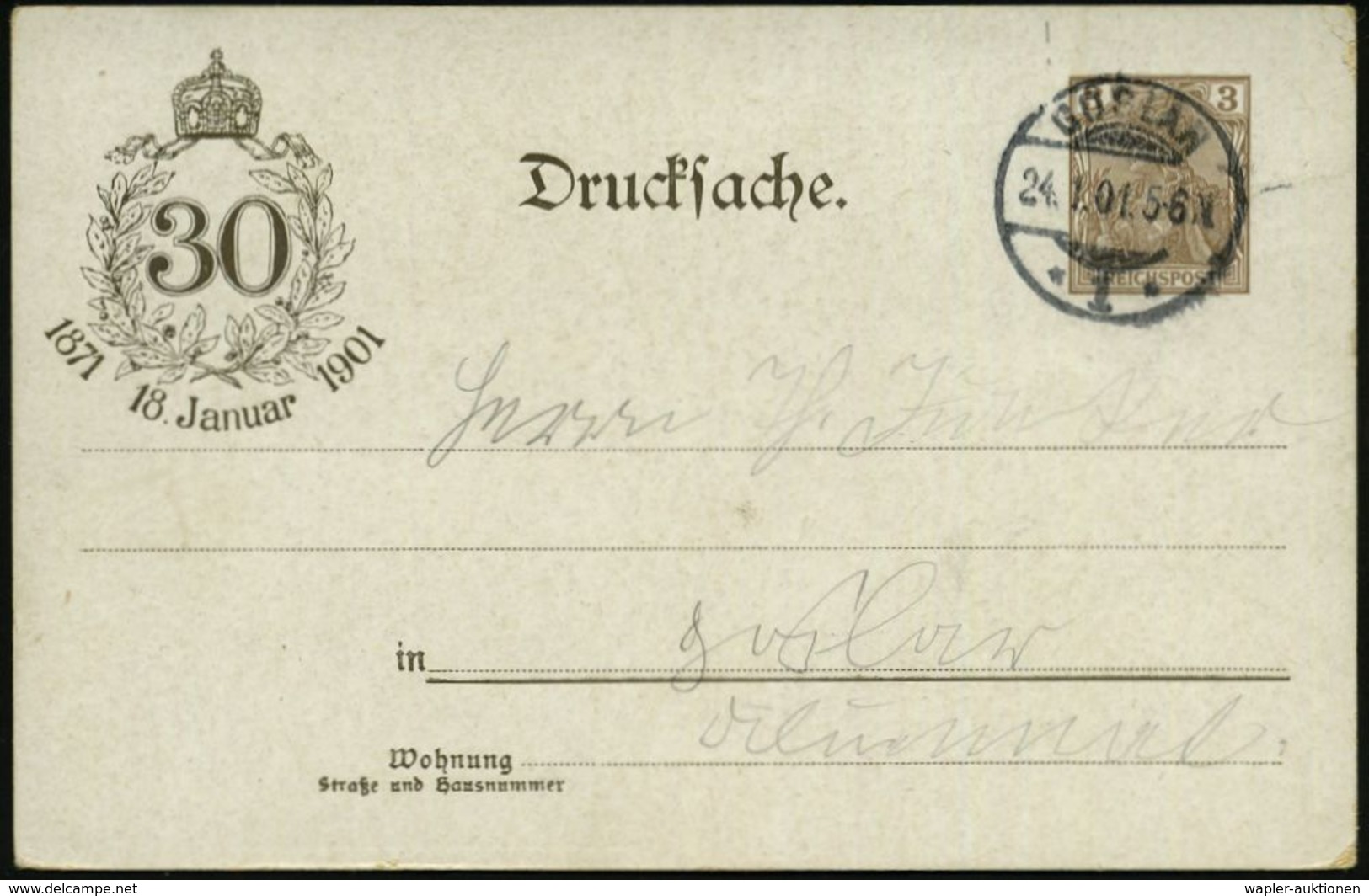 DEUTSCHE GESCHICHTE 1871 - 1914 : DEUTSCHES REICH 1901 (24.1.) PP 3 Pf.Germania: 30 Jahre Kaiserproklamation Versailles  - Other & Unclassified