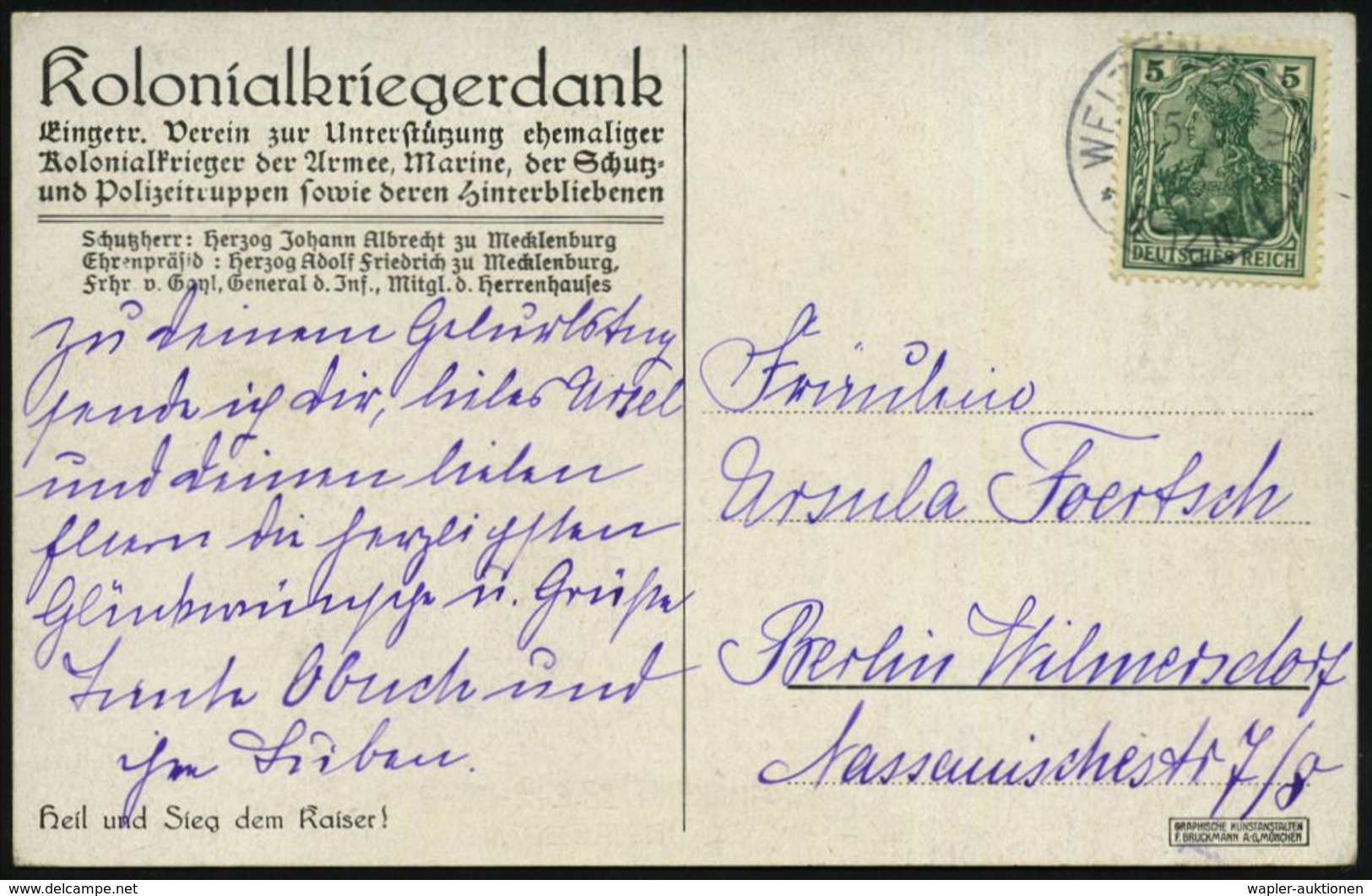 DIE REGENTSCHAFT WILHELMS II. 1888 - 1918 : WEIZENRODAU/ ** 1915 (25.5.) 1K Auf Color-Propaganda-Spenden-Ak.: Kolonialkr - Sonstige & Ohne Zuordnung