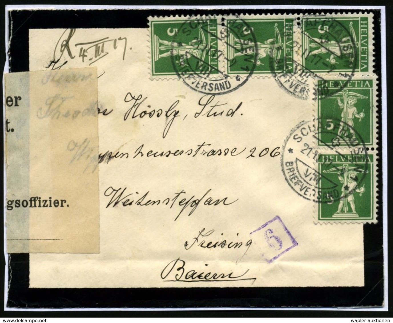 I. WELTKRIEG 1914 - 18 (siehe Auch: FELDPOST) : München 1917 (21.2.) 5 C. Tellknabe, Grün, Reine MeF: 5 Stück , 1K: SCHA - 1. Weltkrieg
