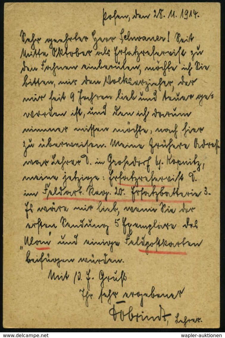 I. WELTKRIEG 1914 - 18 (siehe Auch: FELDPOST) : POSEN W./ *3i 1914 (29.11.) 1K-Brücke + Ovaler HdN: KAISERL. DEUTSCHES P - Guerre Mondiale (Première)