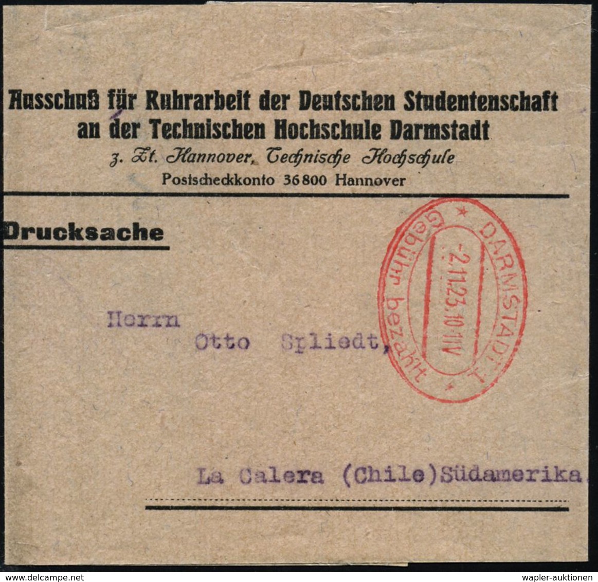 RUHR- & RHEINLAND-BESETZUNG 1919 - 1925 : DARMSTADT/ *1n 1923 (2.11.) Roter Ra2: Gebühr Bezahlt/ Taxe Percue Auf Zeitung - Sonstige & Ohne Zuordnung
