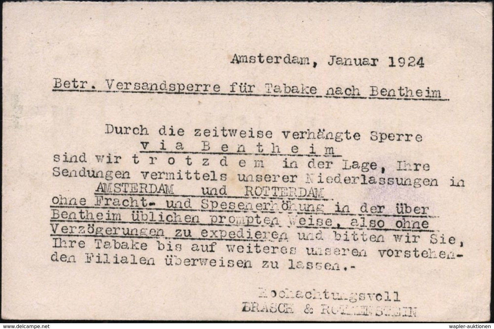 RUHR- & RHEINLAND-BESETZUNG 1919 - 1925 : NIEDERLANDE /  DEUTSCHES REICH 1924 (Jan.) Firmen-Kt. Mit Niederländ. Frankatu - Altri & Non Classificati