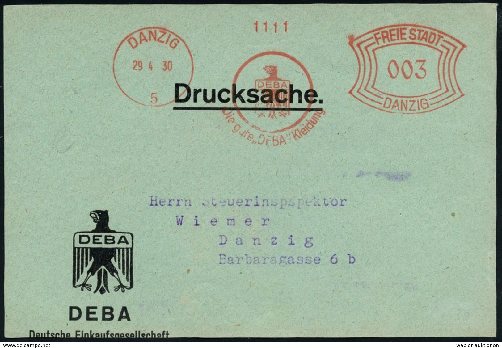 FREIE STADT DANZIG (1920 - 1939) & DANZIG BIS 1944 : DANZIG/ 1/ DEBA/ Die Gute DEBA-Kleidung 1930 (29.4.) Seltener AFS F - Other & Unclassified