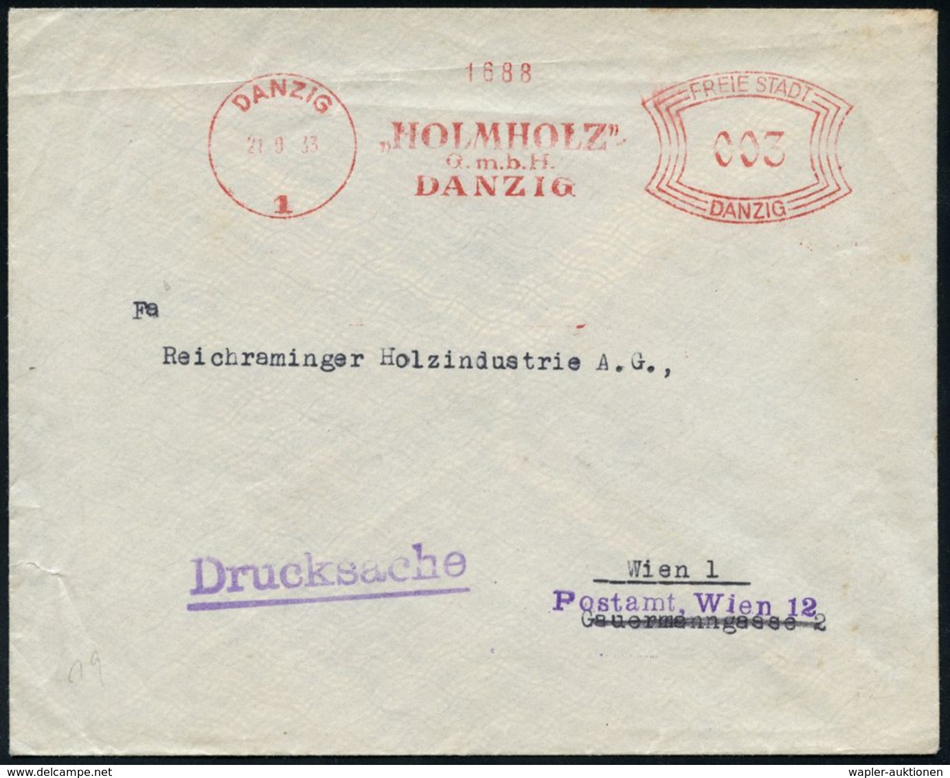 FREIE STADT DANZIG (1920 - 1939) & DANZIG BIS 1944 : DANZIG/ 1/ "HOLMHOLTZ"/ GmbH/ DANZIG 1933 (21.9.) Seltener AFS Fran - Autres & Non Classés