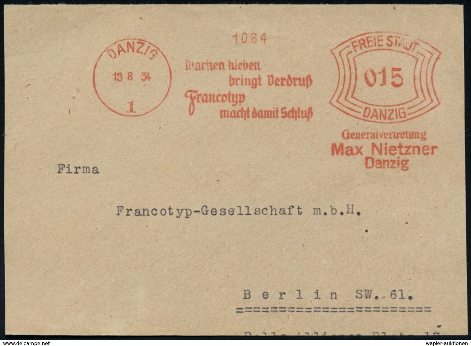 FREIE STADT DANZIG (1920 - 1939) & DANZIG BIS 1944 : DANZIG/ 1/ Marken Kleben/ Bringt Verdruß/ Francotyp/ Macht Damit Sc - Other & Unclassified