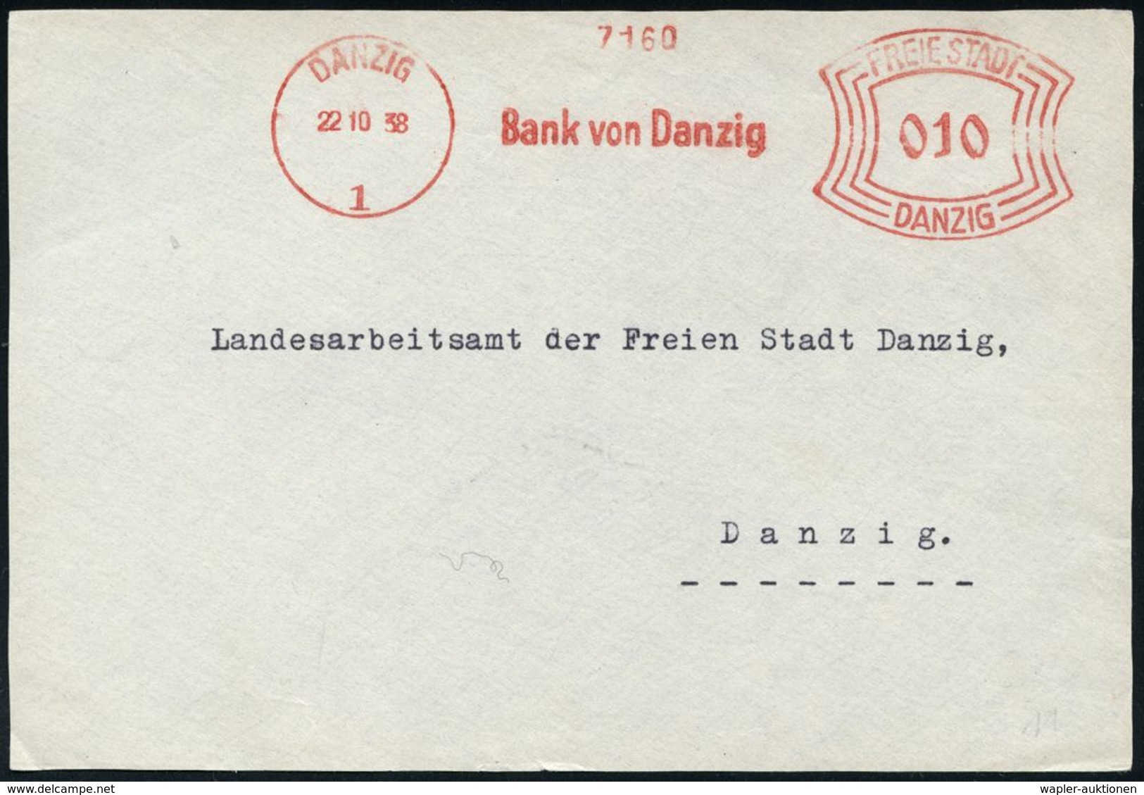 FREIE STADT DANZIG (1920 - 1939) & DANZIG BIS 1944 : DANZIG/ 1/ Bank Von Danzig 1938 (22.10.) AFS Francotyp Bogenrechtec - Autres & Non Classés