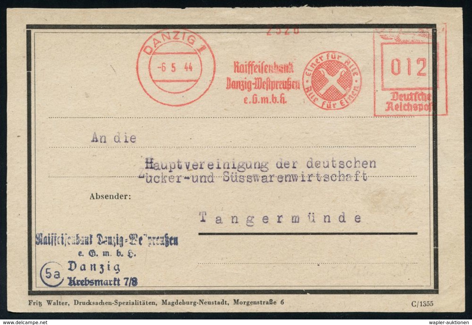 FREIE STADT DANZIG (1920 - 1939) & DANZIG BIS 1944 : DANZIG 1/ Raiffeisenbank/ Danzig-West/ EGmbH 1944 (6.5.) AFS Franco - Sonstige & Ohne Zuordnung