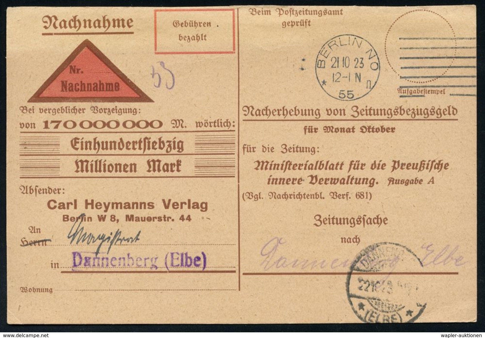 WEIMARER REPUBLIK 1919 - 1932/33 : BERLIN NO/ *55n 1923 (21.10.) MaStrichSt. Auf NN-Firmen-Kt.: 170 000 000 Mk. Nacherhe - Altri & Non Classificati