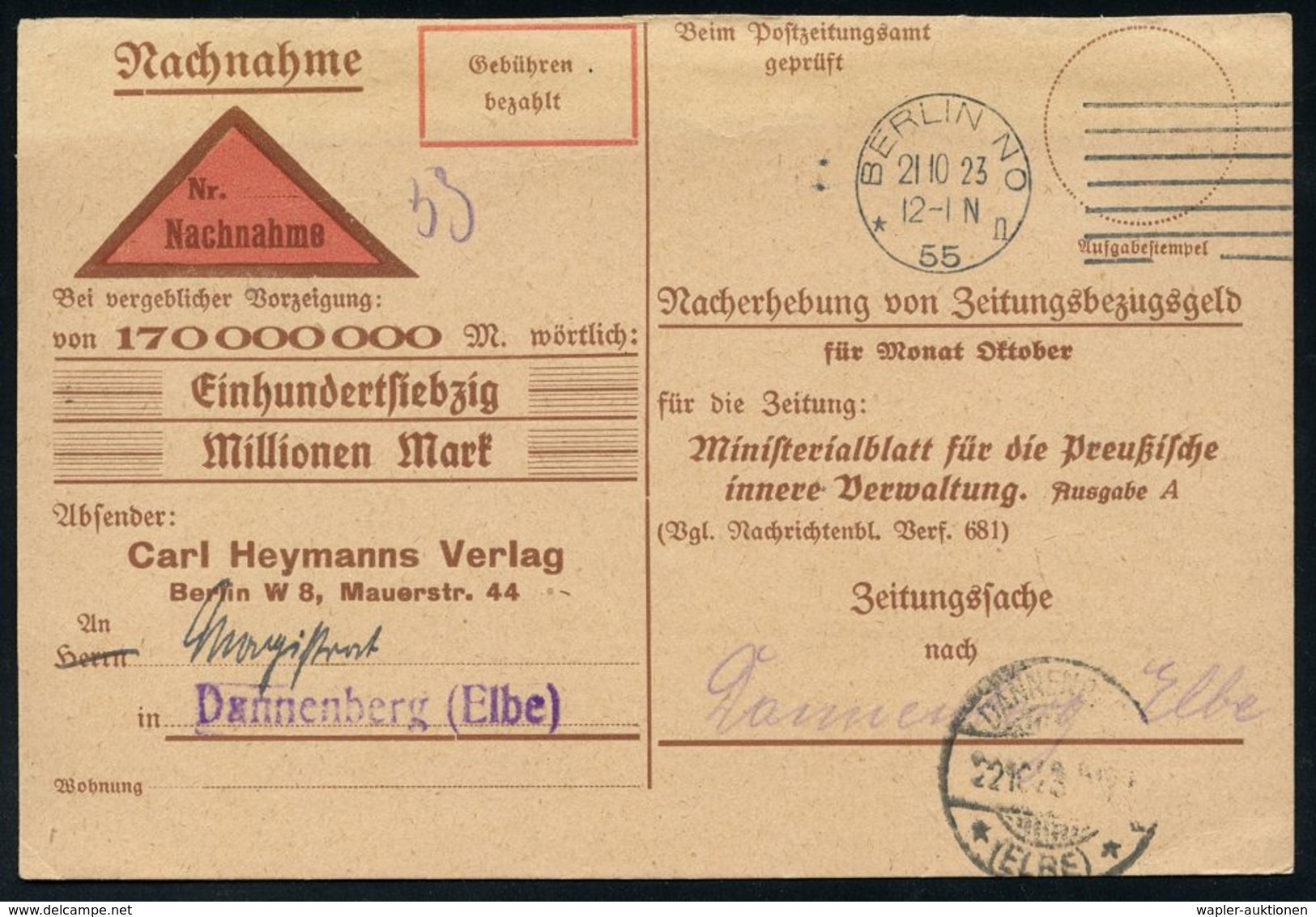 WEIMARER REPUBLIK 1919 - 1932/33 : BERLIN NO/ *55n 1923 (21.10.) MaStrichSt. Auf NN-Firmen-Kt.: 170 000 000 Mk. Nacherhe - Autres & Non Classés
