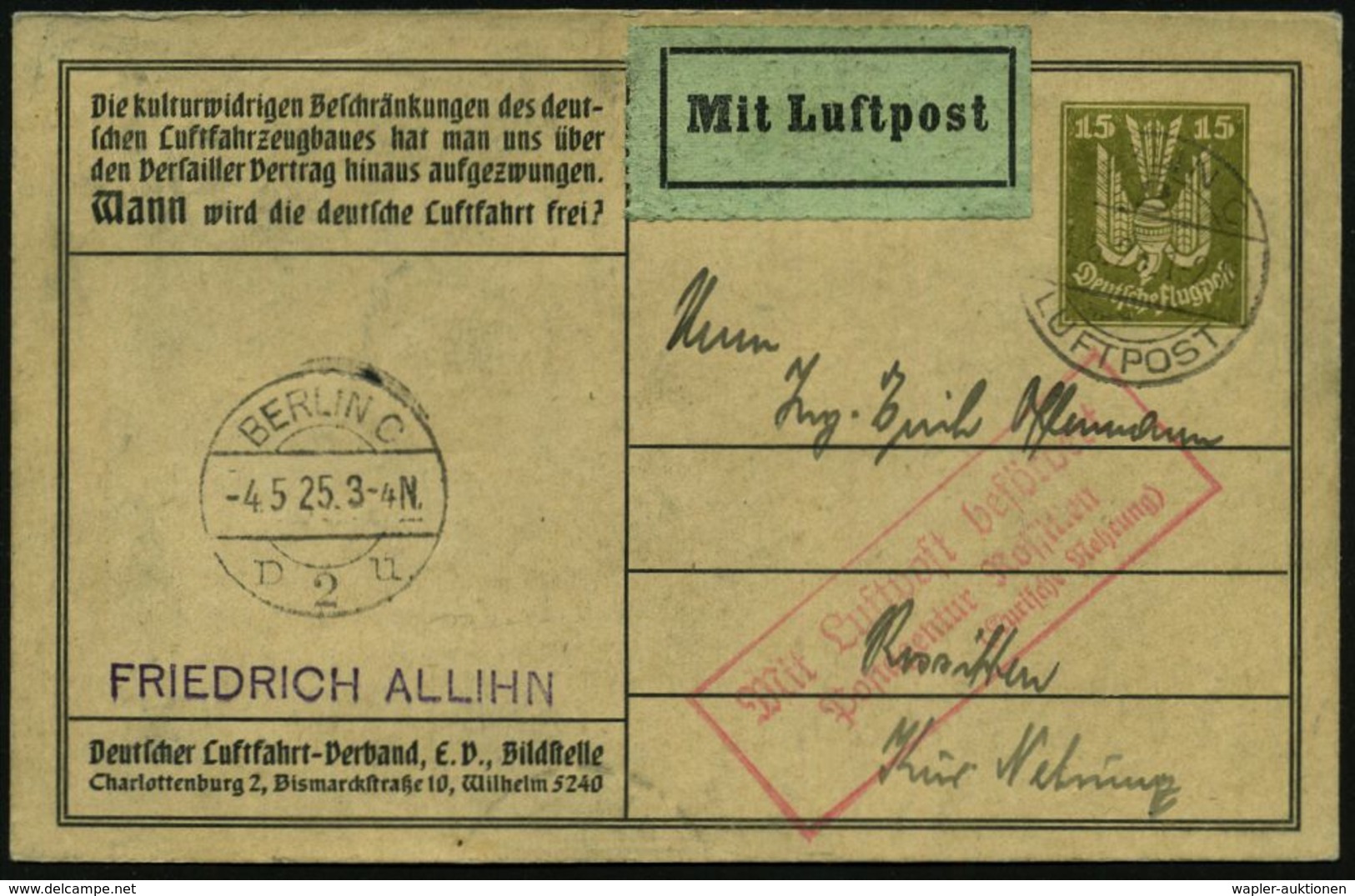 WEIMARER REPUBLIK 1919 - 1932/33 : BERLIN C/ 2/ LUFTPOST 1925 (4.5.) 1K-Brücke Auf Trauer-PP 3 Pf. Adler: Beschränkung D - Autres & Non Classés