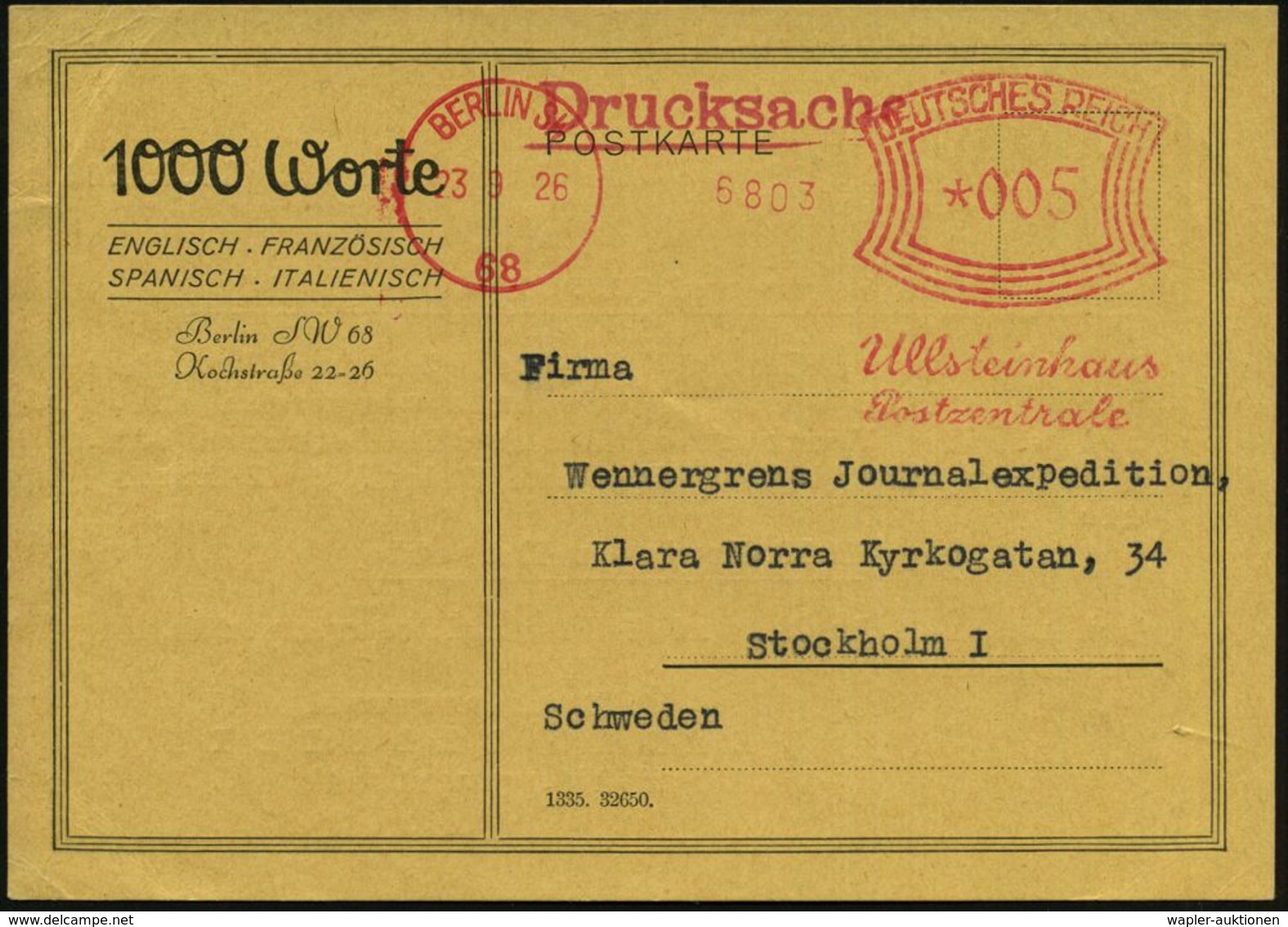 WEIMARER REPUBLIK 1919 - 1932/33 : BERLIN SW/ 68/ Ullstein/ Postzentrale 1926 (23.9.) AFS Francotyp "Urtype" 005 Pf. (we - Sonstige & Ohne Zuordnung