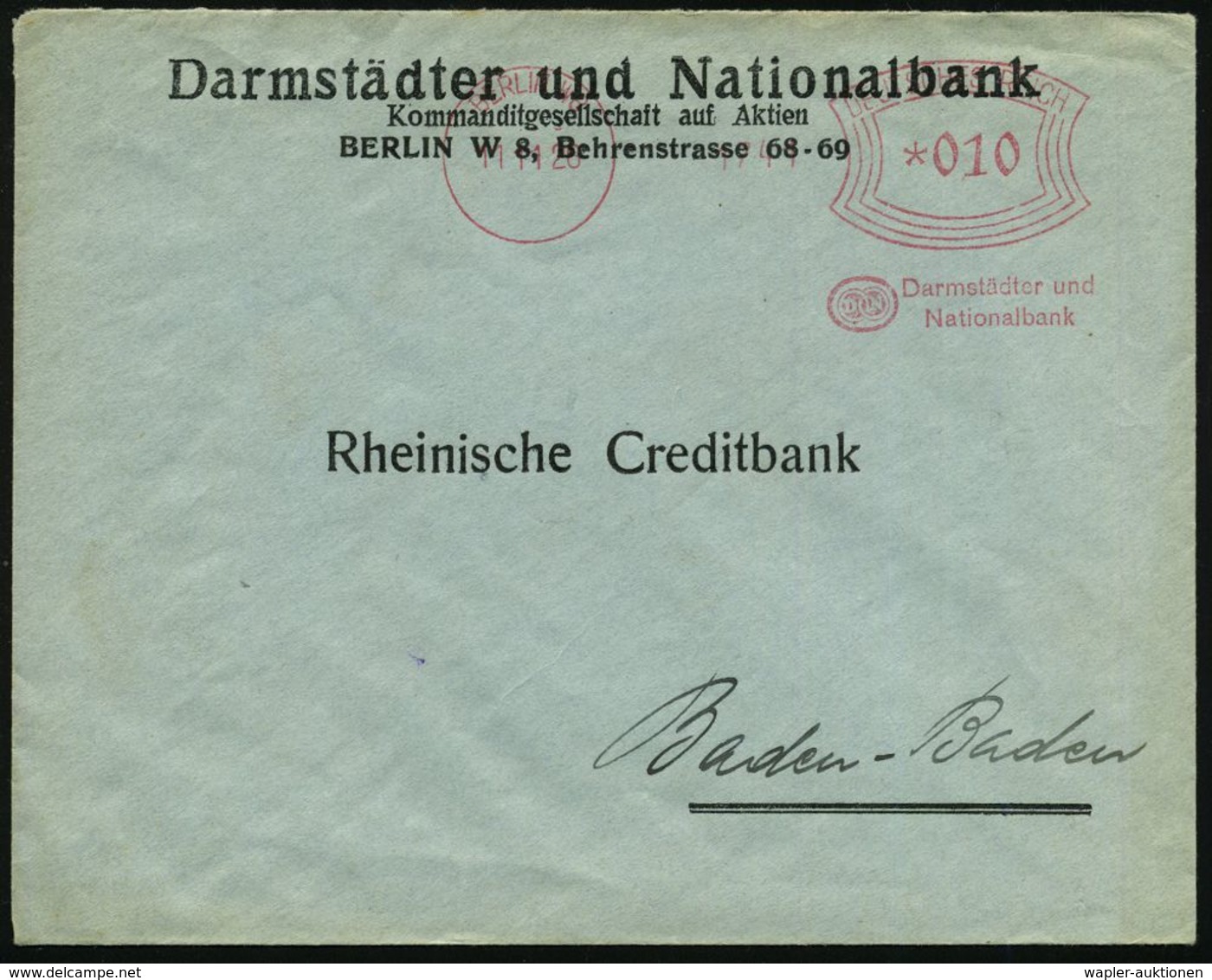 WEIMARER REPUBLIK 1919 - 1932/33 : BERLIN W 8/ Darmstädter U./ Nationalbank 1926 (11.11.) AFS Francotyp "Bogenrechteck"  - Sonstige & Ohne Zuordnung