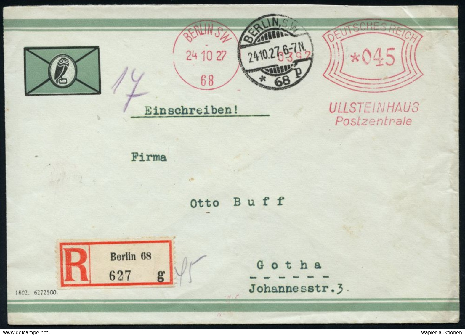 WEIMARER REPUBLIK 1919 - 1932/33 : BERLIN SW/ 68/ ULLSTEIN/ Postzentrale 1927 (24.10.) AFS 045 Pf. + RZ: Berlin 68/g , D - Other & Unclassified