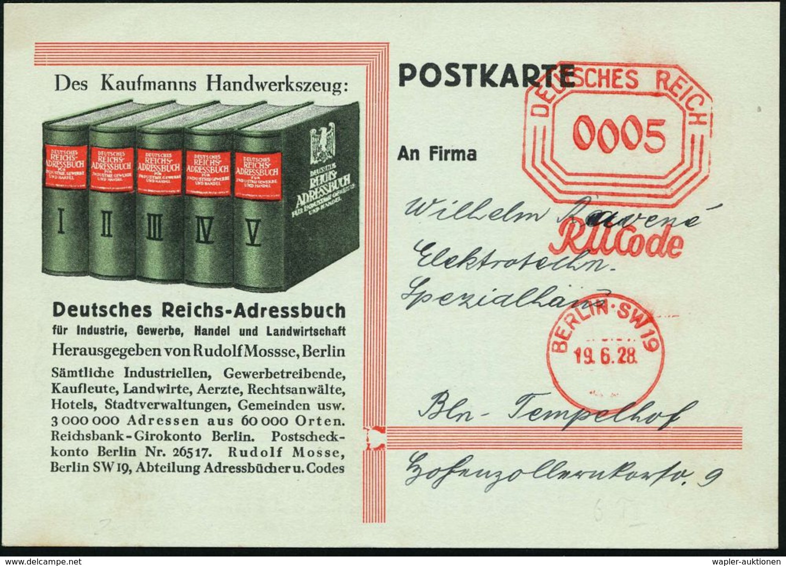 WEIMARER REPUBLIK 1919 - 1932/33 : BERLIN.SW 19/ RM Code 1928 (19.6.) AFS-Vorläufer Typ "Bafra": Vertikal-Achteckwertrah - Sonstige & Ohne Zuordnung