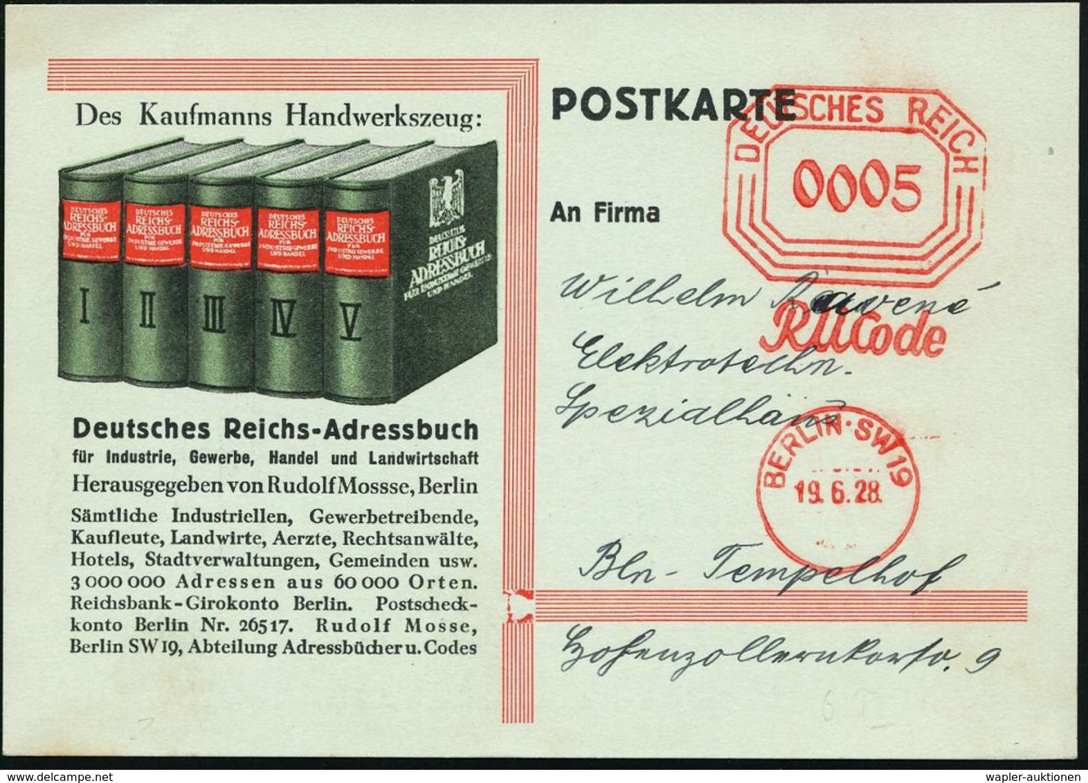 WEIMARER REPUBLIK 1919 - 1932/33 : BERLIN.SW 19/ RM Code 1928 (19.6.) AFS-Vorläufer Typ "Bafra": Vertikal-Achteckwertrah - Autres & Non Classés