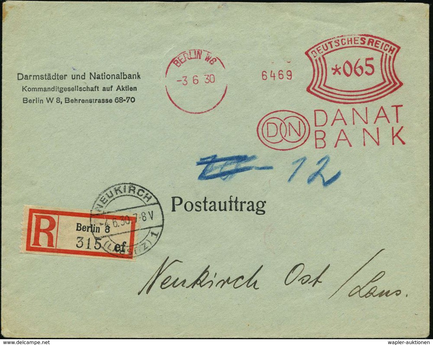 WEIMARER REPUBLIK 1919 - 1932/33 : BERLIN W8/ D N/ DANAT/ BANK 1930 (3.6.) AFS 065 Pf. + Firmen-RZ: Berlin 8/e F , Die B - Autres & Non Classés