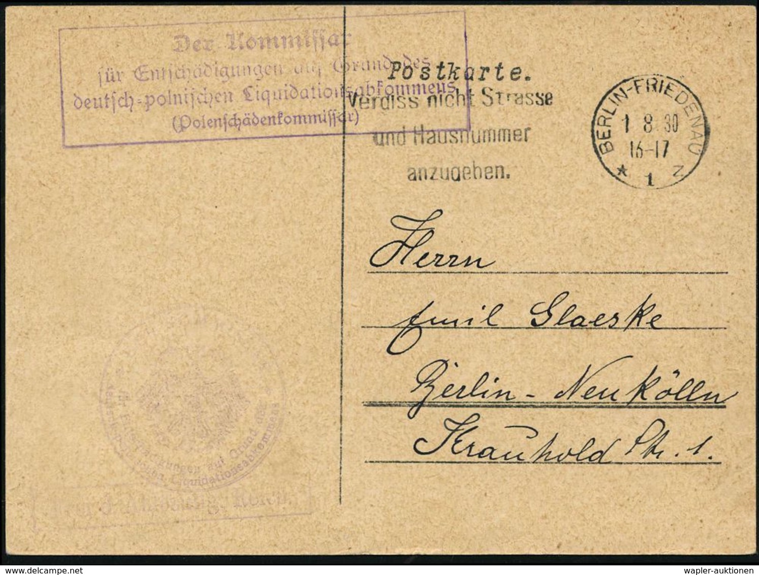WEIMARER REPUBLIK 1919 - 1932/33 : Berlin-Friedenau 1930 (1.8.) Dienst-Kt.: Der Polenschädenkommissar + Viol. Ra.4: Der  - Autres & Non Classés