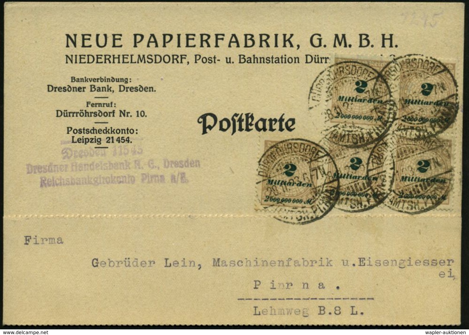 WEIMARER REPUBLIK 1919 - 1932/33 : DÜRRRÖHRSDORF/ AMTSH.PIRNA 1923 (28.11.) 1K-Gitter Mehrfach Auf MeF 2 Mia. Gez. = 5 S - Sonstige & Ohne Zuordnung