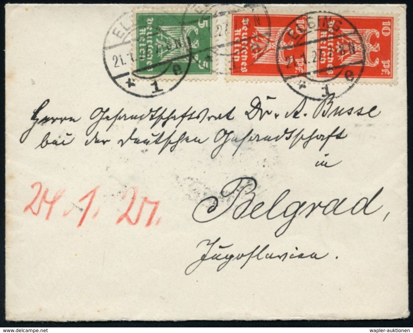 WEIMARER REPUBLIK 1919 - 1932/33 : ELBING/ *1e 1927 (21.1.) 5 Pf. U. Paar 10 Pf. Adler = 25 Pf. , Klar Gest. Ausl.-Bf. A - Sonstige & Ohne Zuordnung