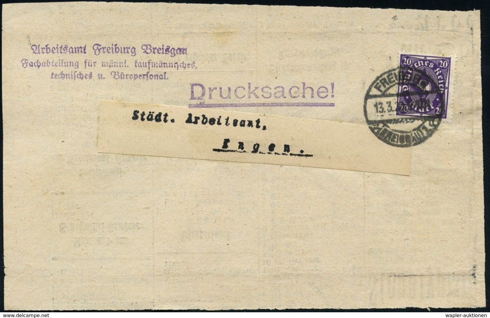 WEIMARER REPUBLIK 1919 - 1932/33 : FREIBURG/ *(BREISGAU) 1/ D 1923 (13.3.) 1K-Brücke Auf EF 20 Mk. Posthorn + Viol. 3L:  - Sonstige & Ohne Zuordnung