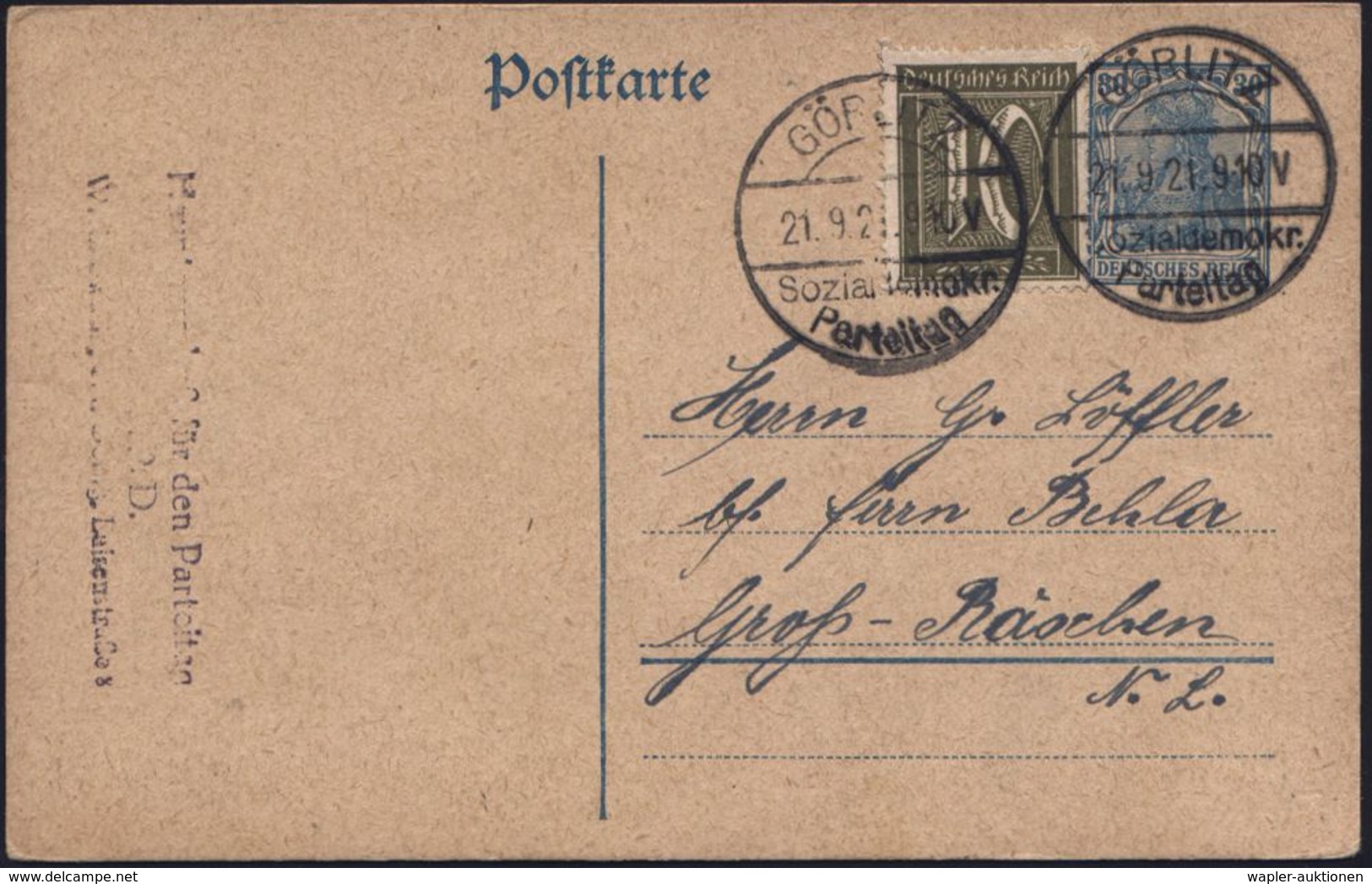 WEIMARER REPUBLIK 1919 - 1932/33 : GÖRLITZ/ Sozialdemokr./ Parteitag 1921 (21.9.) Seltener SSt 2x + Viol. 3L-HdN: Haupta - Autres & Non Classés