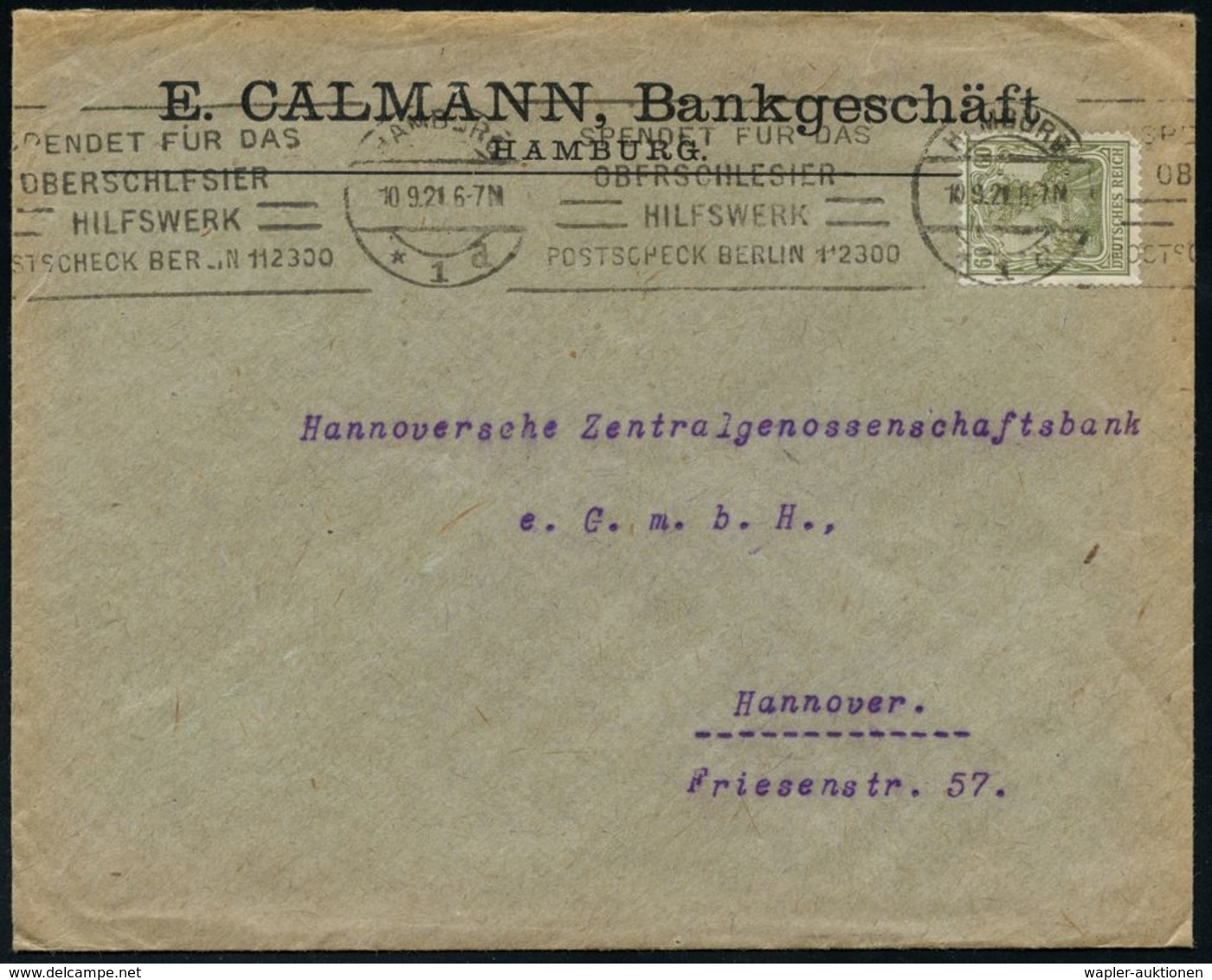 WEIMARER REPUBLIK 1919 - 1932/33 : HAMBURG/ *1a/ SPENDET FÜR DAS/ OBERSCHLESIER/ HILFSWERK.. 1921 (10.9.) BdMWSt Klar Au - Other & Unclassified