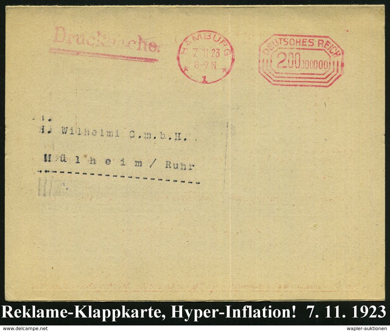 WEIMARER REPUBLIK 1919 - 1932/33 : HAMBURG/ *1*/ DEUTSCHES REICH 1923 (7.11.) PFS 200oooooo Mk. = Hoch-Inflation Auf Rek - Sonstige & Ohne Zuordnung