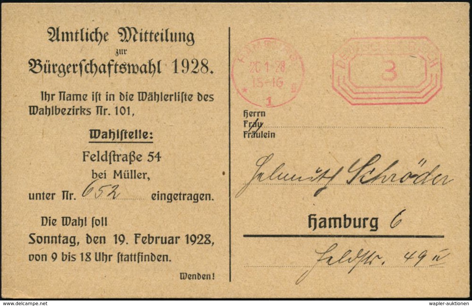 WEIMARER REPUBLIK 1919 - 1932/33 : HAMBURG/ *1II 1928 (20.1.) PFS 3 Pf. Auf Dienst-Kt.: Wahlamt, Statistisches Landesamt - Autres & Non Classés