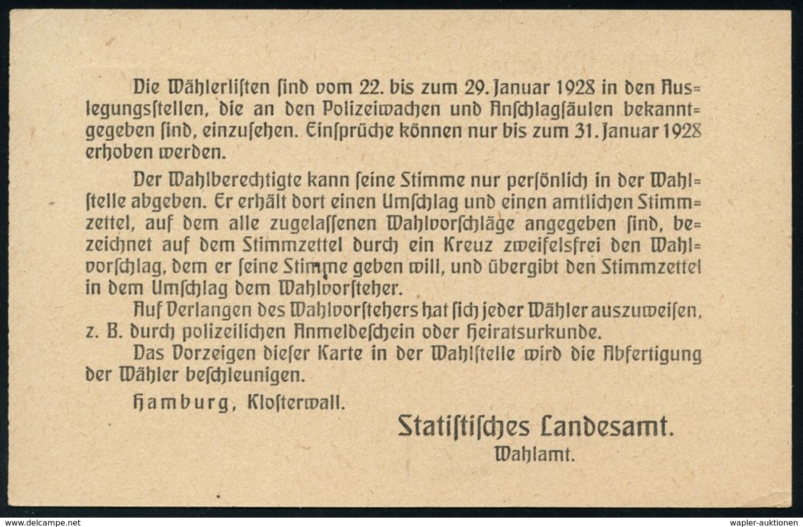 WEIMARER REPUBLIK 1919 - 1932/33 : HAMBURG/ *1II 1928 (20.1.) PFS 3 Pf. Auf Dienst-Kt.: Wahlamt, Statistisches Landesamt - Autres & Non Classés