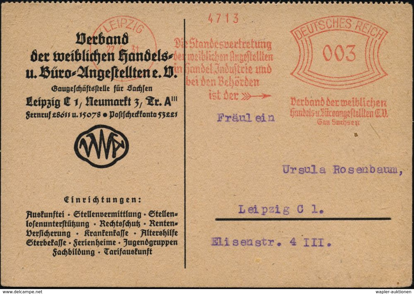 WEIMARER REPUBLIK 1919 - 1932/33 : LEIPZIG/ C 1/ Die Standesvertretung/ D.weiblichen Angestellten../ Verband Der Weiblic - Other & Unclassified