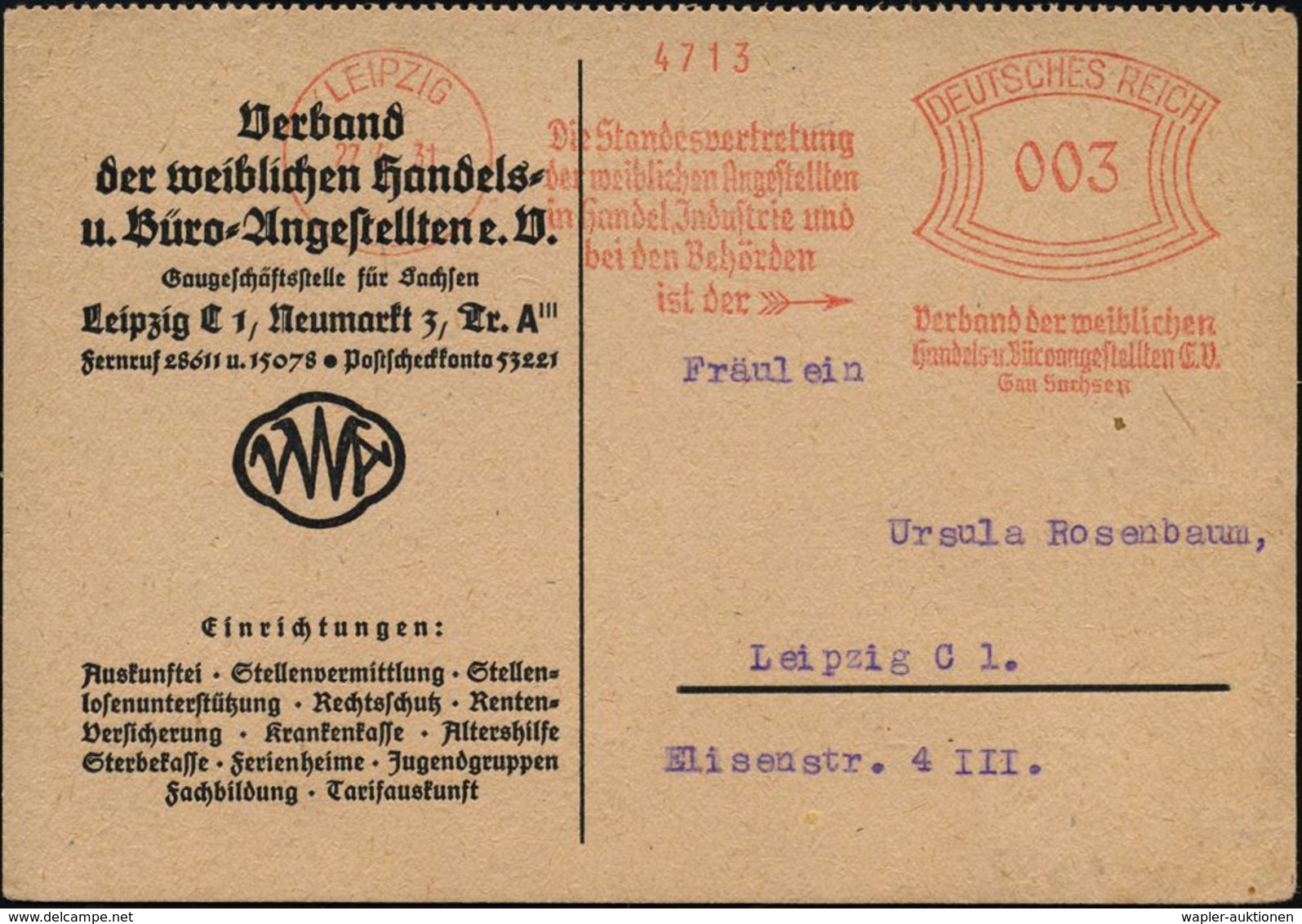 WEIMARER REPUBLIK 1919 - 1932/33 : LEIPZIG/ C 1/ Die Standesvertretung/ D.weiblichen Angestellten../ Verband Der Weiblic - Autres & Non Classés