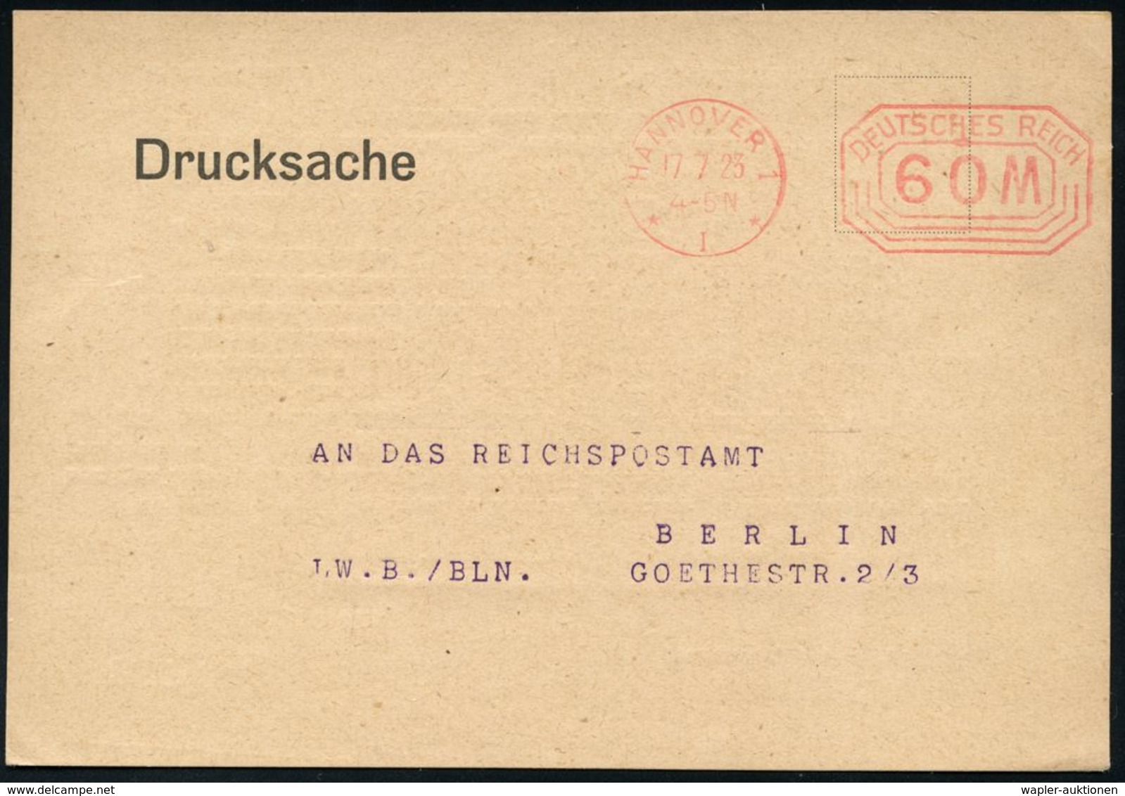 WEIMARER REPUBLIK 1919 - 1932/33 : HANNOVER 1/ *I*/ DEUTSCHES REICH 1923 (17.7.) PFS Achteck 60 M. Auf Mitteilungskarte  - Autres & Non Classés