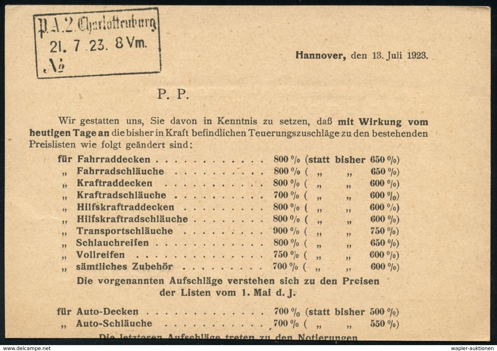 WEIMARER REPUBLIK 1919 - 1932/33 : HANNOVER 1/ *I*/ DEUTSCHES REICH 1923 (17.7.) PFS Achteck 60 M. Auf Mitteilungskarte  - Sonstige & Ohne Zuordnung