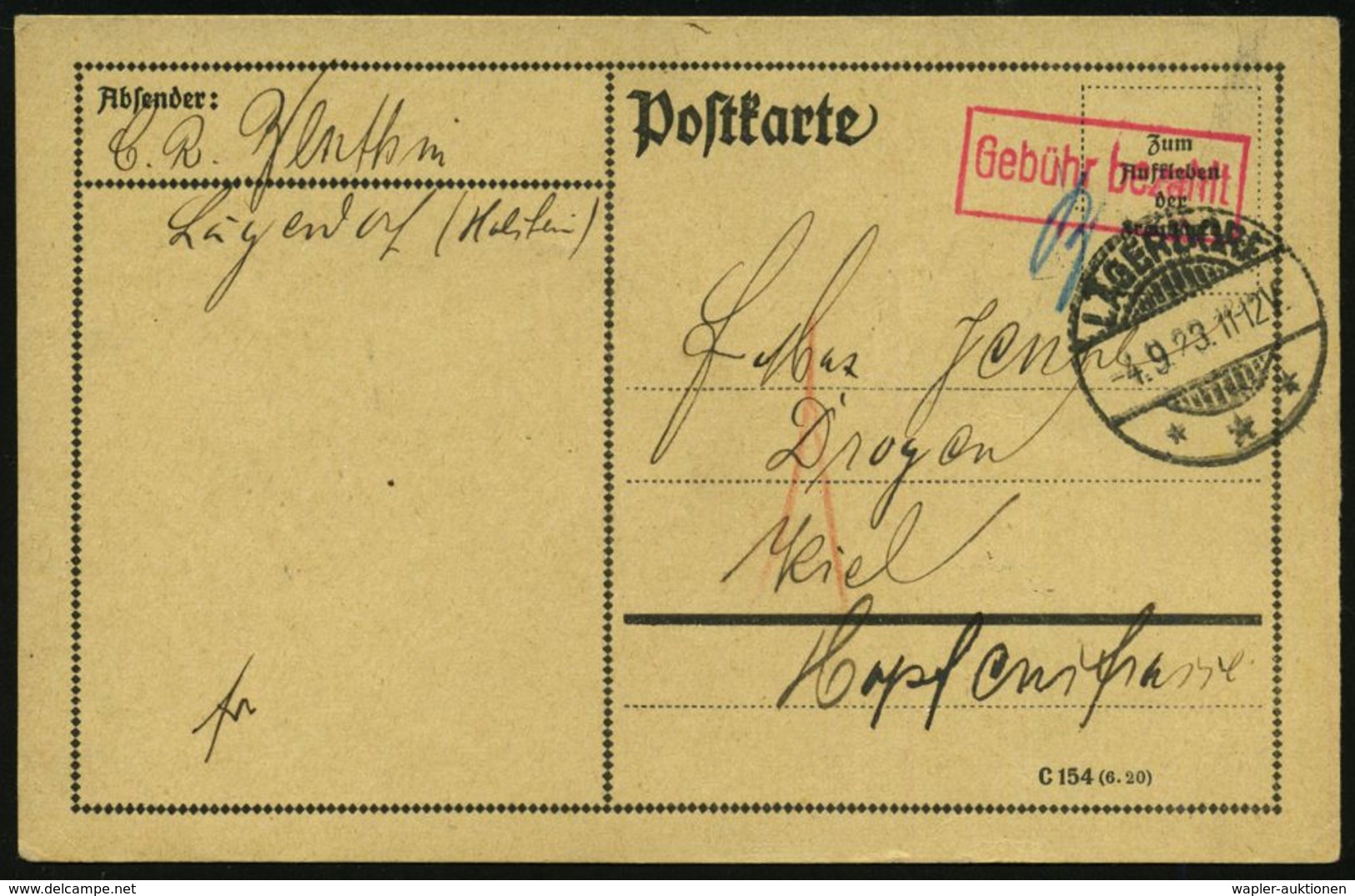 WEIMARER REPUBLIK 1919 - 1932/33 : LÄGERDORF/ *** 1923 (4.9.) 1K-Gitter + Roter Ra.: Gebühr Bezahlt + Postmeister-Paraph - Sonstige & Ohne Zuordnung