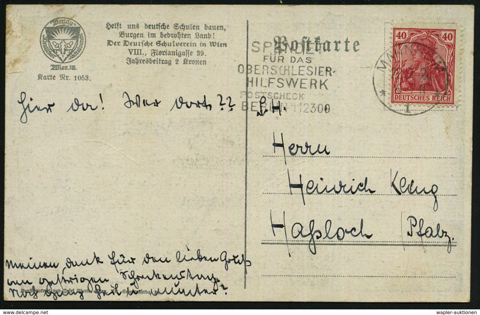 WEIMARER REPUBLIK 1919 - 1932/33 : MANNHEIM/ *1*/ SPENDET/ FÜR DAS/ OBERSCHLESIER-/ HILFSWERK 1921 (28.9.) Seltener MWSt - Autres & Non Classés