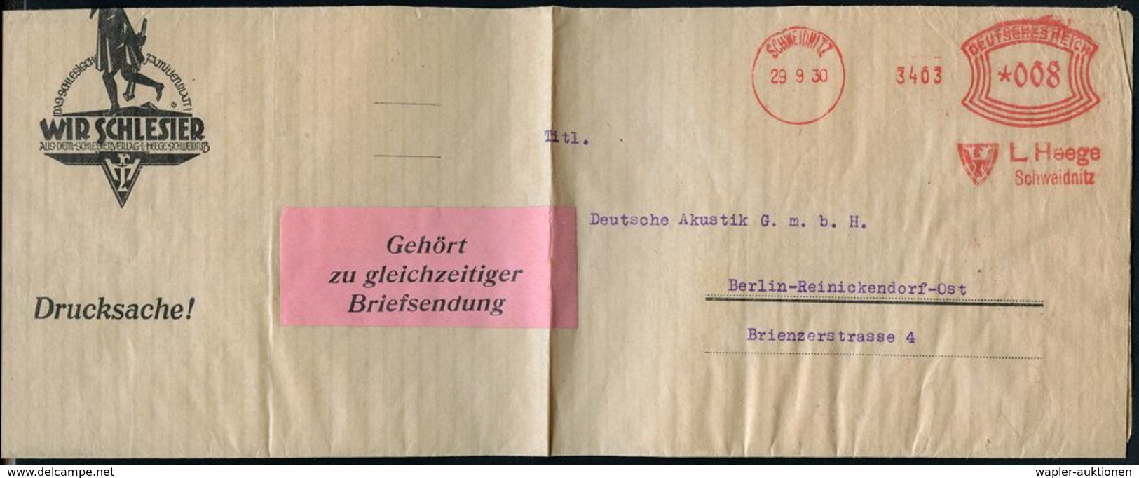 WEIMARER REPUBLIK 1919 - 1932/33 : SCHWEIDNITZ/ L.Heege 1930 (29.9.) AFS *008 Pf. Auf Zeitungs-Streifband; WIR SCHLESIER - Altri & Non Classificati