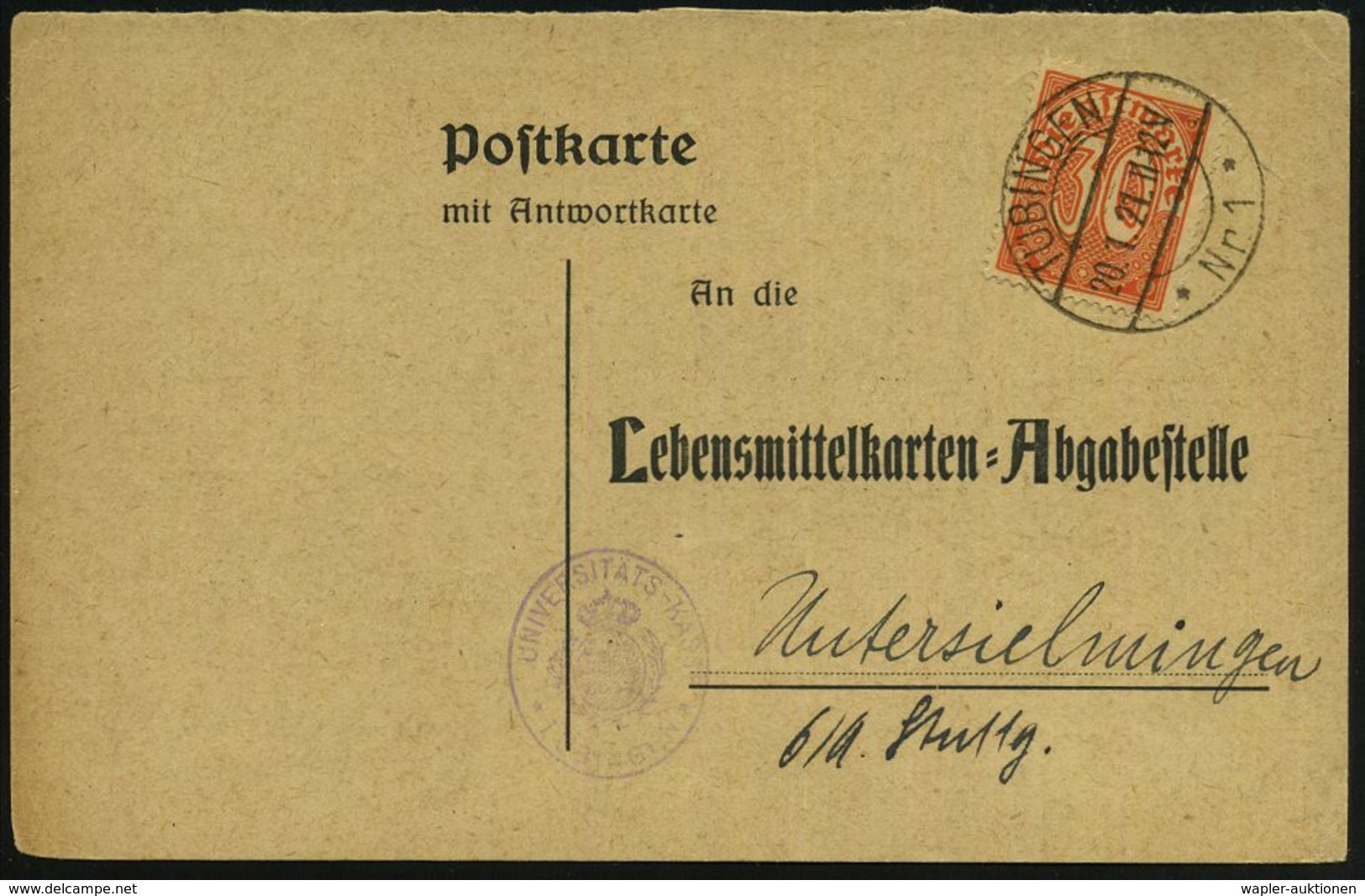 WEIMARER REPUBLIK 1919 - 1932/33 : TÜBINGEN/ *Nr 1* 1921 (20.1.) 1K-Brücke Auf EF 30 Pf.Dienst, Dienst-Kt: Lebensmittelk - Other & Unclassified