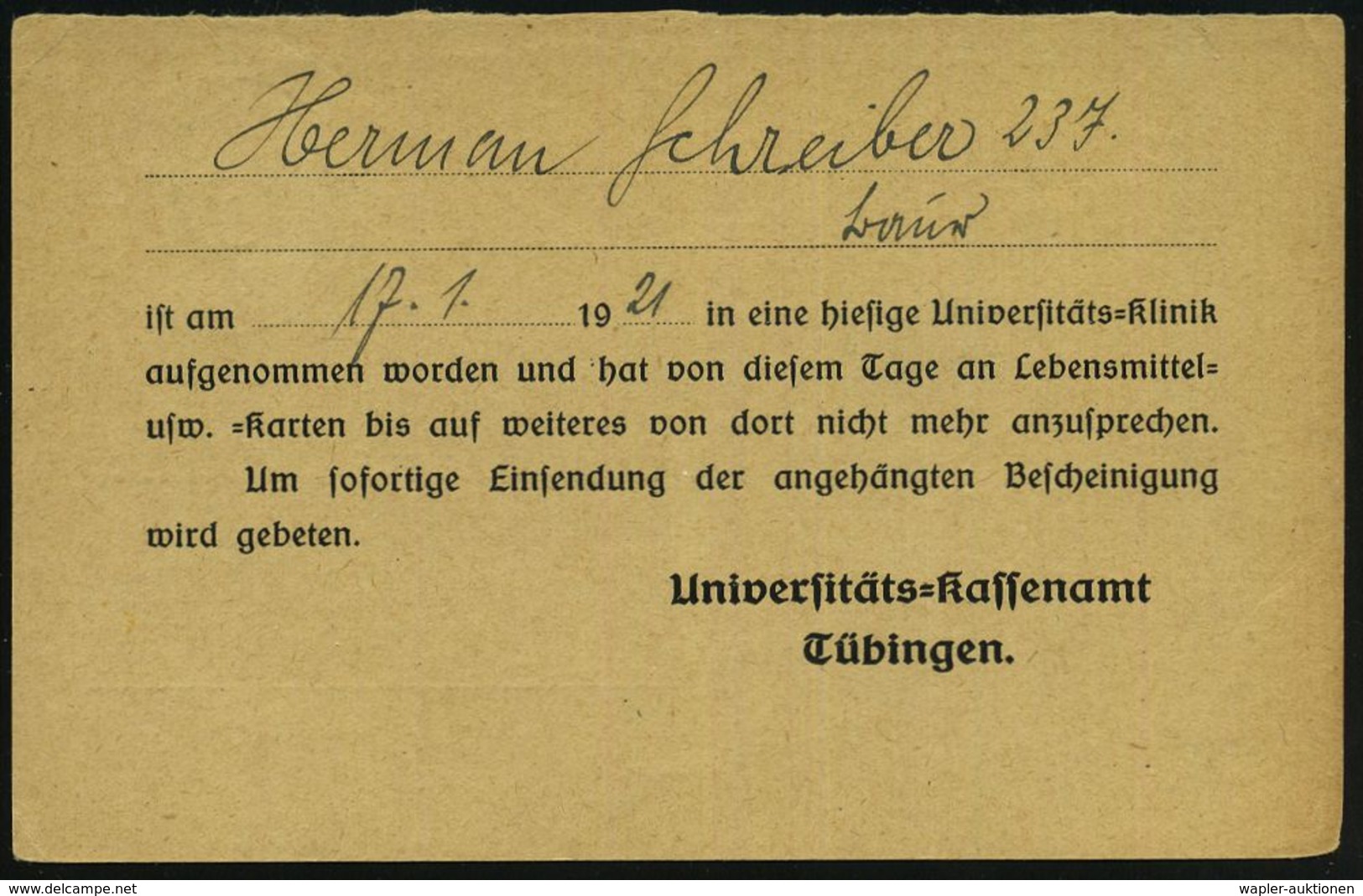 WEIMARER REPUBLIK 1919 - 1932/33 : TÜBINGEN/ *Nr 1* 1921 (20.1.) 1K-Brücke Auf EF 30 Pf.Dienst, Dienst-Kt: Lebensmittelk - Other & Unclassified