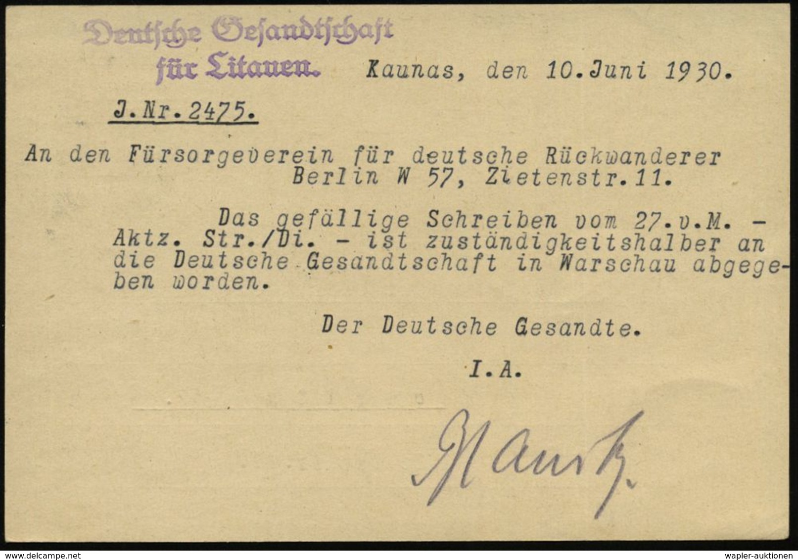 WEIMARER REPUBLIK 1919 - 1932/33 : LITAUEN 1930 (13.6.) 15 C. Fürst Vytaulas, EF, Rs. Viol. 2L: Deutsche Gesandtschaft/f - Other & Unclassified