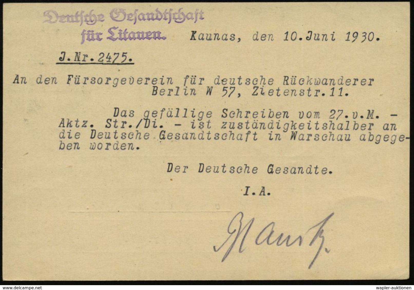 WEIMARER REPUBLIK 1919 - 1932/33 : LITAUEN 1930 (13.6.) 15 C. Fürst Vytaulas, EF, Rs. Viol. 2L: Deutsche Gesandtschaft/f - Autres & Non Classés