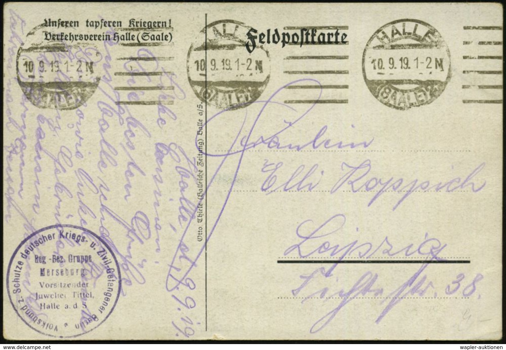 REVOLUTION (1919-20) / GENZSCHUTZ OST / MILITÄR (1919-33) : HALLE/ Saale 2 1919 (10.9.) Bd.Ma.St + Viol. 1K-HdN: Volksbu - Sonstige & Ohne Zuordnung