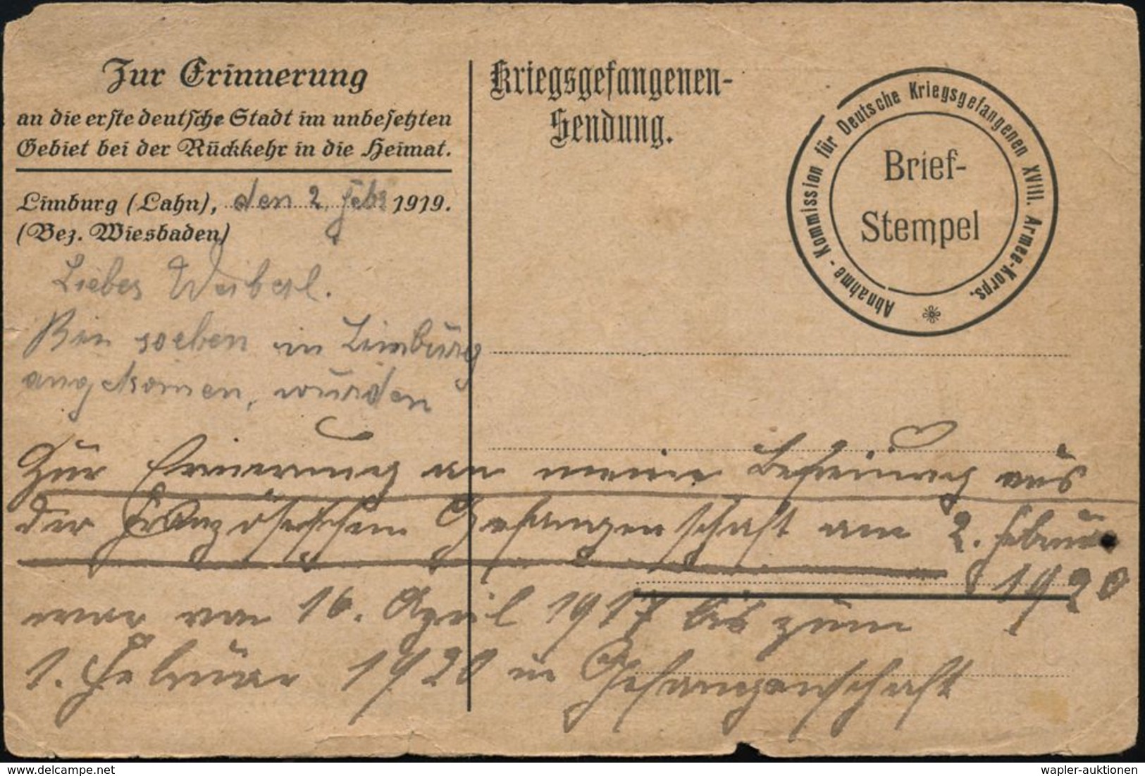 REVOLUTION (1919-20) / GENZSCHUTZ OST / MILITÄR (1919-33) : Limburg (Lahn) 1919 (2.2.) Vordr.-Kt.: Kriegsgefangenen-Send - Autres & Non Classés