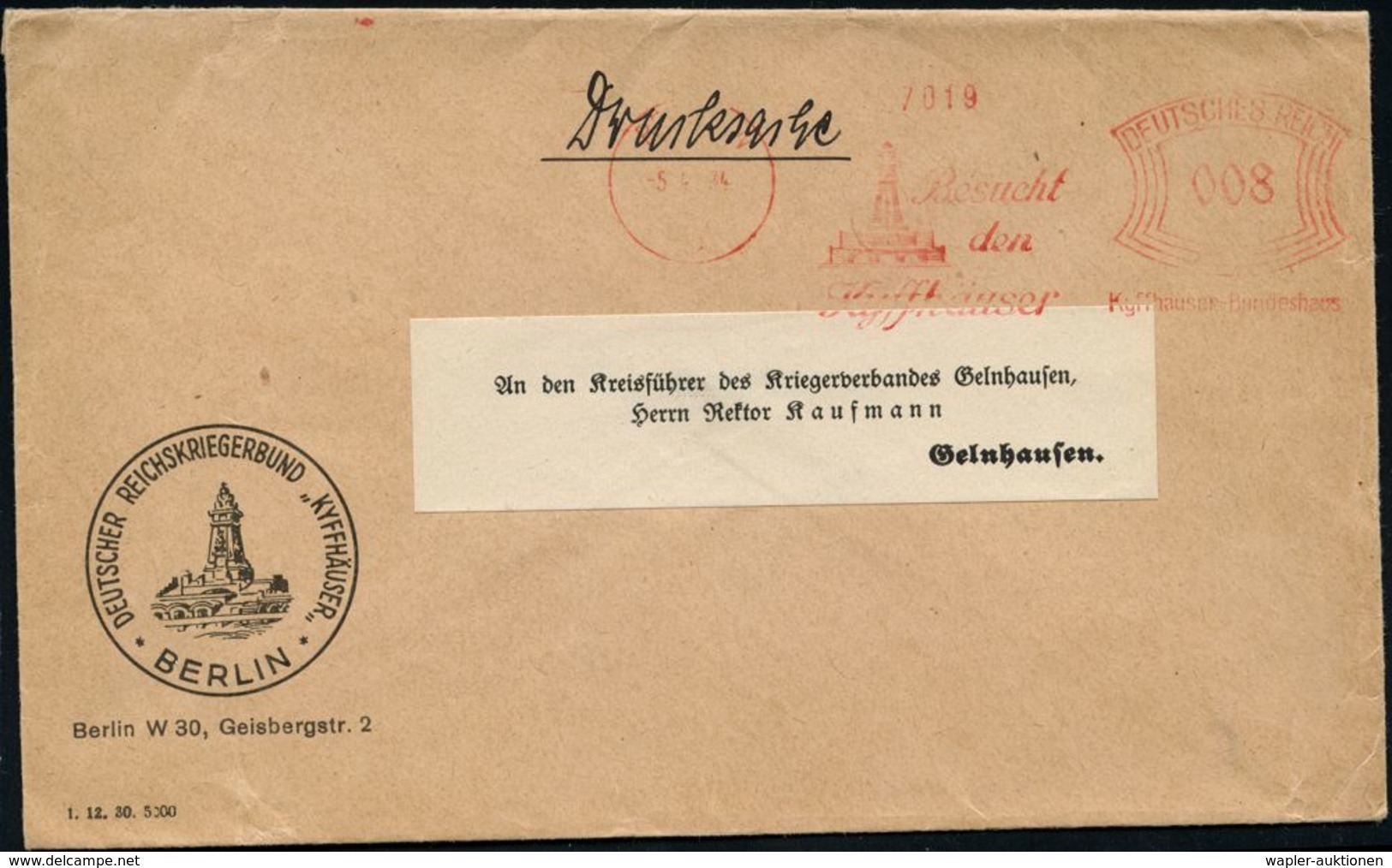 VETERANENVERBÄNDE (1919-39) : BERLIN W/ 30/ Besucht/ Den/ Kyffhäuser Kyffhäuser-Bundeshaus 1934 (5.4.) AFS = Kyffhäuser- - Autres & Non Classés