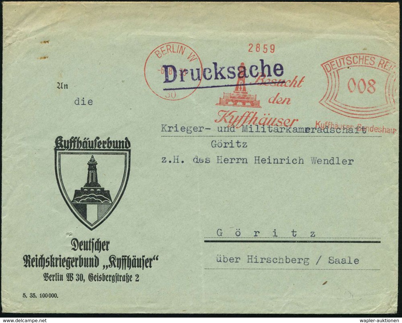 VETERANENVERBÄNDE (1919-39) : BERLIN W/ 30/ Besucht/ Den/ Kyffhäuser/ Kyffhäuser Bundeshaus 1935 (6.8.) Seltener AFS = K - Sonstige & Ohne Zuordnung