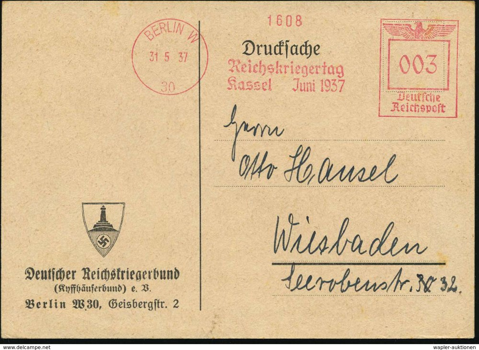 VETERANENVERBÄNDE (1919-39) : BERLIN W/ 30/ Reichskriegertag/ Kassel Juni 1937 1937 (31.5.) Seltener AFS Auf Illustriert - Autres & Non Classés