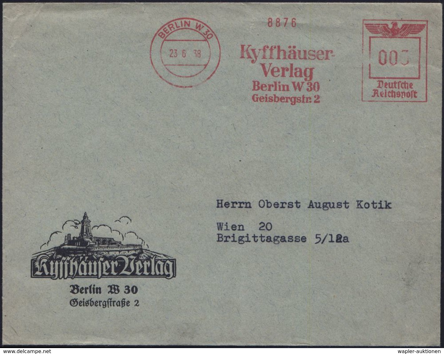 VETERANENVERBÄNDE (1919-39) : BERLIN W30/ Kyffhäuser-/ Verlag 1938 (23.6.) AFS Auf Reklame-Bf.: Kyffhäuser Verlag = Verl - Other & Unclassified